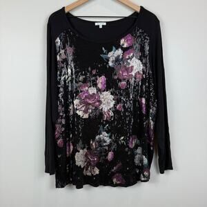 AVA James Top Womens 2X Black Pink Embellished Floral Stretch Sequin Blouse Art